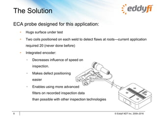 The Solution
ECA probe designed for this application:
• Hugs surface under test
• Two coils positioned on each weld to detect flaws at roots—current application
required 20 (never done before)
• Integrated encoder:
• Decreases influence of speed on
inspection.
• Makes defect positioning
easier
• Enables using more advanced
filters on recorded inspection data
than possible with other inspection technologies
8 © Eddyfi NDT Inc. 2009–2016
 