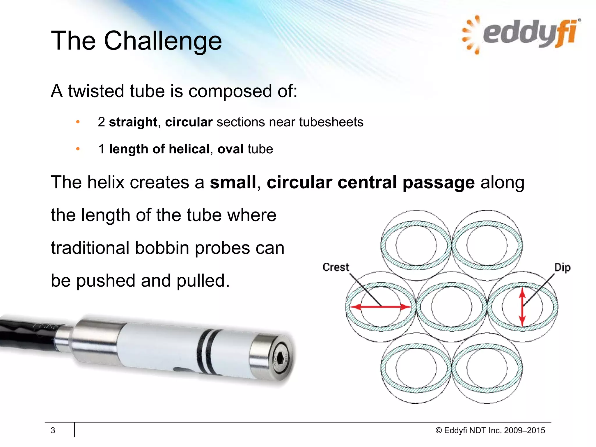 The Challenge
A twisted tube is composed of:
• 2 straight, circular sections near tubesheets
• 1 length of helical, oval tube
The helix creates a small, circular central passage along
the length of the tube where
traditional bobbin probes can
be pushed and pulled.
3 © Eddyfi NDT Inc. 2009–2015
 