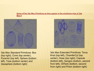 Some of the 3ds Max Primitives as they appear in the wireframe view of 3ds 
Max 9 
3ds Max Standard Primitives: Box 
(top right), Cone (top center), 
Pyramid (top left), Sphere (bottom 
left), Tube (bottom center) and 
Geosphere (bottom right) 
3ds Max Extended Primitives: Torus 
Knot (top left), ChamferCyl (top 
center), Hose (top right), Capsule 
(bottom left), Gengon (bottom, second 
from left), OilTank (bottom, second 
from right) and Prism (bottom right) 
 