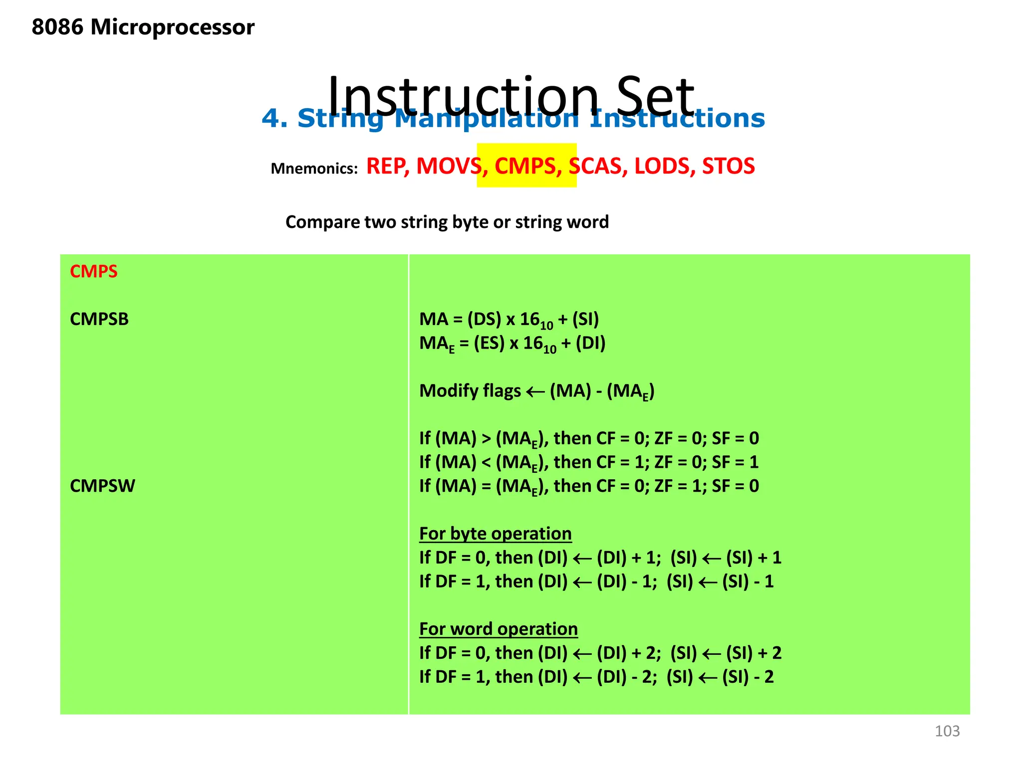 4. String Manipulation Instructions
Instruction Set
103
8086 Microprocessor
Mnemonics: REP, MOVS, CMPS, SCAS, LODS, STOS
CMPS
CMPSB
CMPSW
MA = (DS) x 1610 + (SI)
MAE = (ES) x 1610 + (DI)
Modify flags  (MA) - (MAE)
If (MA) > (MAE), then CF = 0; ZF = 0; SF = 0
If (MA) < (MAE), then CF = 1; ZF = 0; SF = 1
If (MA) = (MAE), then CF = 0; ZF = 1; SF = 0
For byte operation
If DF = 0, then (DI)  (DI) + 1; (SI)  (SI) + 1
If DF = 1, then (DI)  (DI) - 1; (SI)  (SI) - 1
For word operation
If DF = 0, then (DI)  (DI) + 2; (SI)  (SI) + 2
If DF = 1, then (DI)  (DI) - 2; (SI)  (SI) - 2
Compare two string byte or string word
 