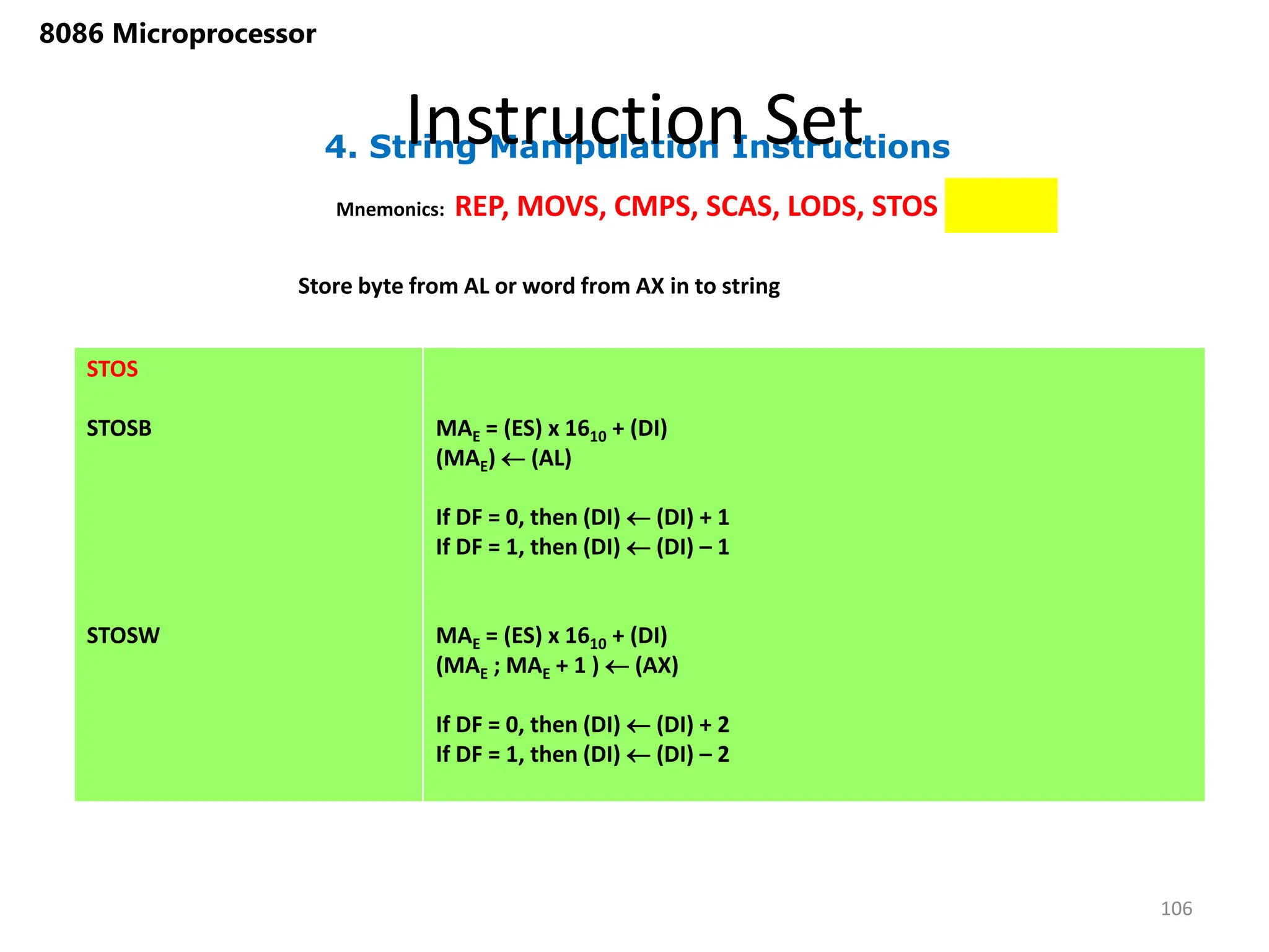 4. String Manipulation Instructions
Instruction Set
106
8086 Microprocessor
Mnemonics: REP, MOVS, CMPS, SCAS, LODS, STOS
STOS
STOSB
STOSW
MAE = (ES) x 1610 + (DI)
(MAE)  (AL)
If DF = 0, then (DI)  (DI) + 1
If DF = 1, then (DI)  (DI) – 1
MAE = (ES) x 1610 + (DI)
(MAE ; MAE + 1 )  (AX)
If DF = 0, then (DI)  (DI) + 2
If DF = 1, then (DI)  (DI) – 2
Store byte from AL or word from AX in to string
 