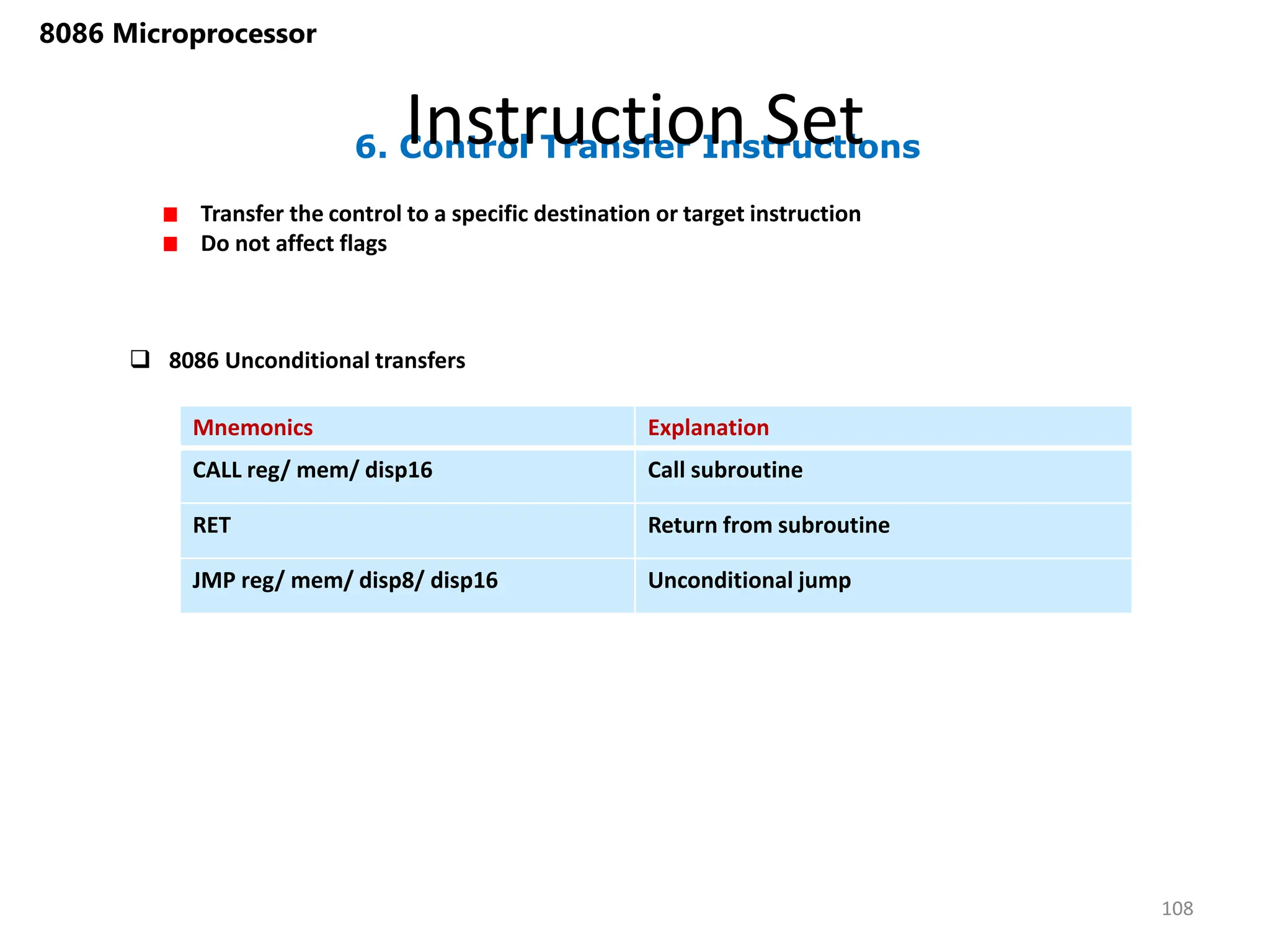 6. Control Transfer Instructions
Instruction Set
108
8086 Microprocessor
Transfer the control to a specific destination or target instruction
Do not affect flags
Mnemonics Explanation
CALL reg/ mem/ disp16 Call subroutine
RET Return from subroutine
JMP reg/ mem/ disp8/ disp16 Unconditional jump
 8086 Unconditional transfers
 