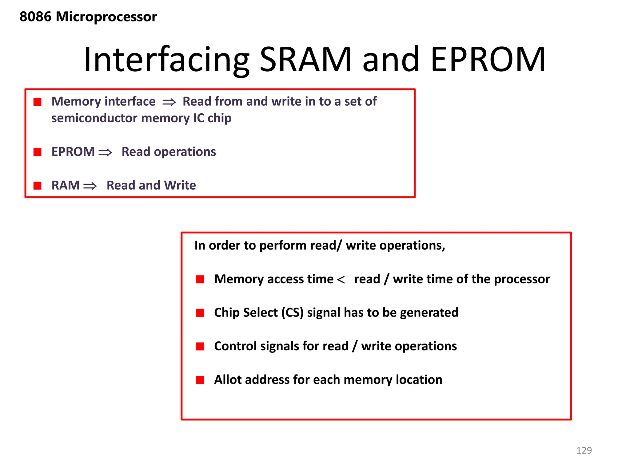 Interfacing SRAM and EPROM
129
8086 Microprocessor
Memory interface  Read from and write in to a set of
semiconductor memory IC chip
EPROM  Read operations
RAM  Read and Write
In order to perform read/ write operations,
Memory access time  read / write time of the processor
Chip Select (CS) signal has to be generated
Control signals for read / write operations
Allot address for each memory location
 