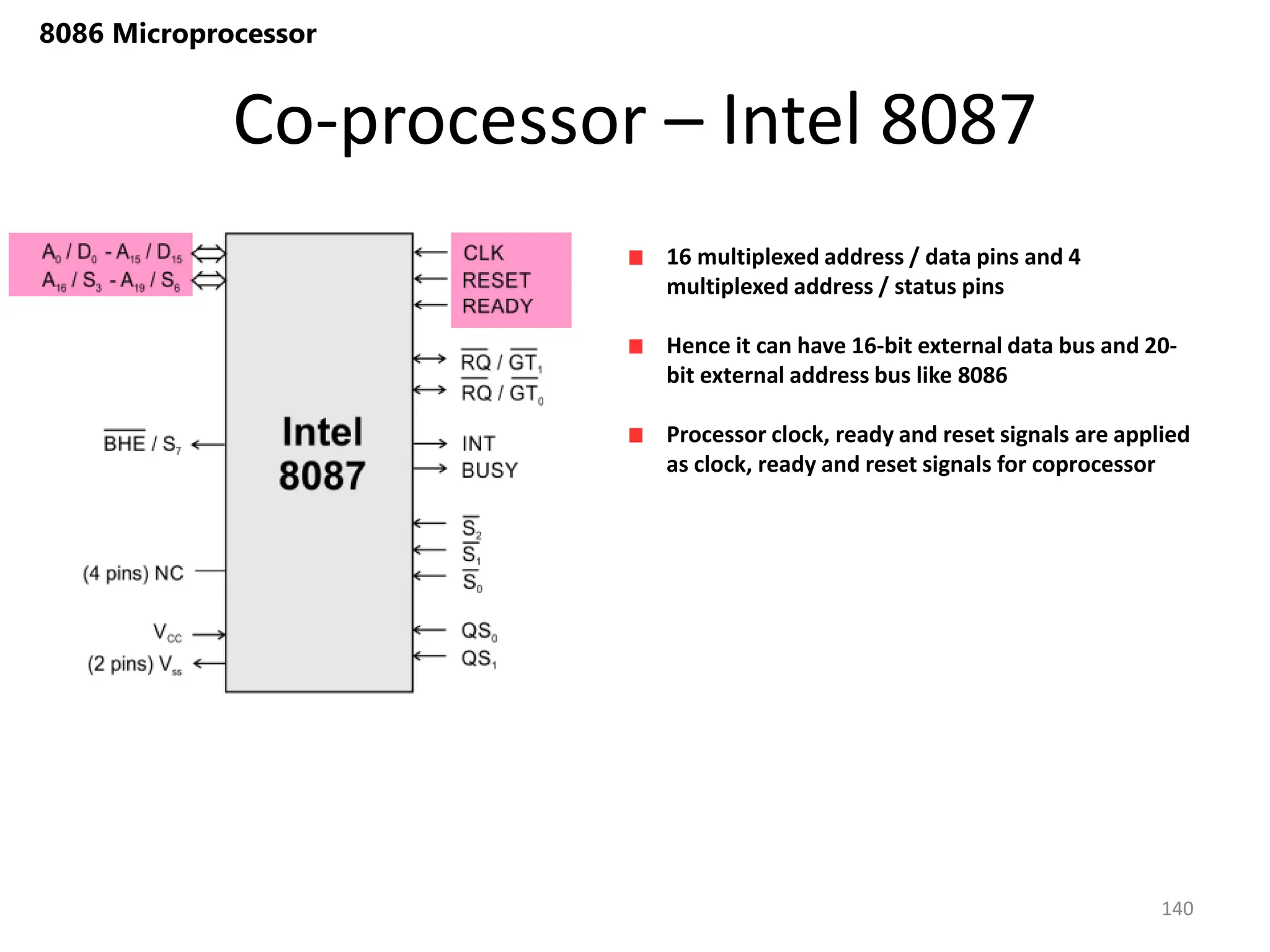 Co-processor – Intel 8087
140
8086 Microprocessor
16 multiplexed address / data pins and 4
multiplexed address / status pins
Hence it can have 16-bit external data bus and 20-
bit external address bus like 8086
Processor clock, ready and reset signals are applied
as clock, ready and reset signals for coprocessor
 