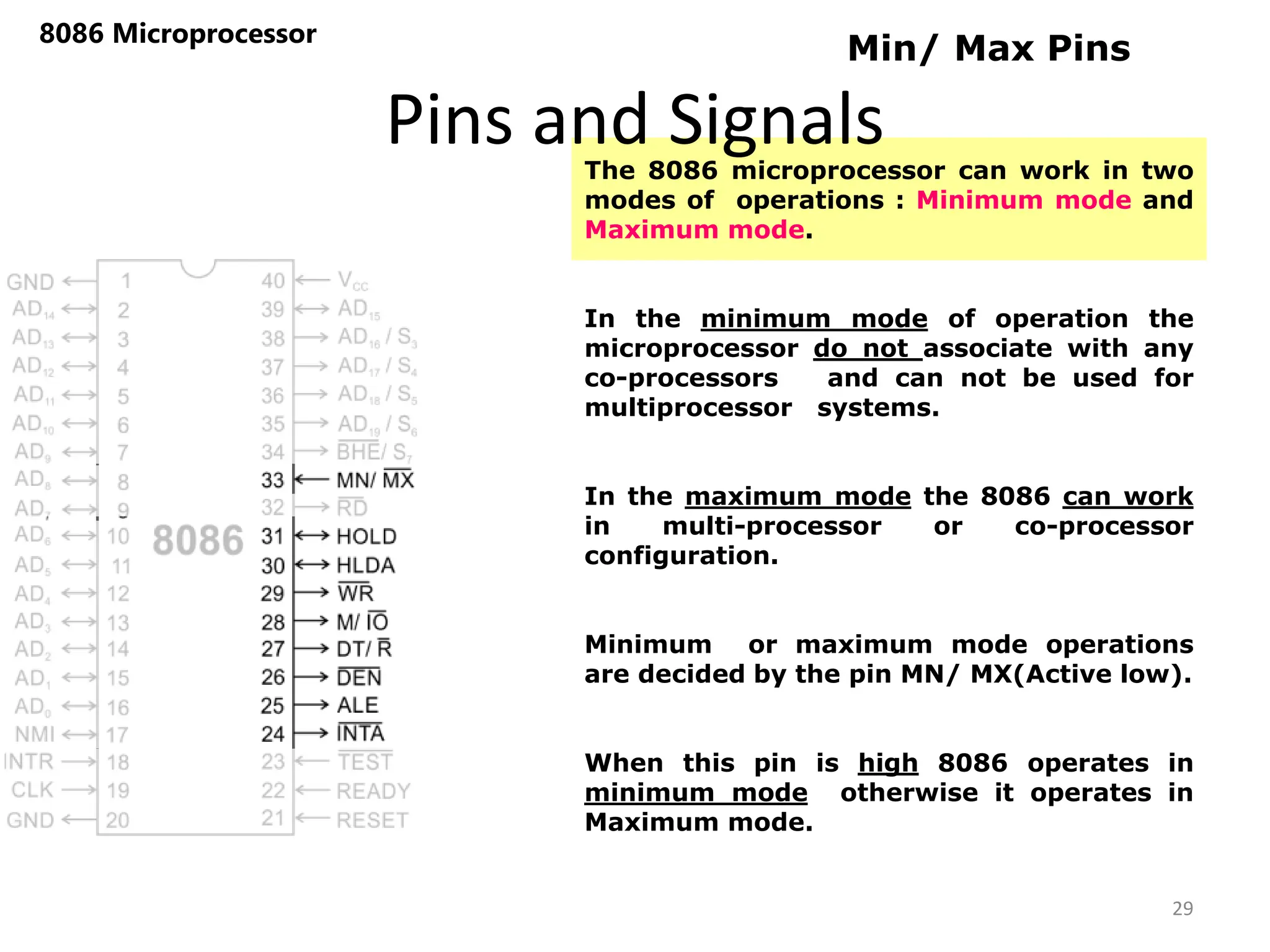 Pins and Signals
8086 Microprocessor
29
Min/ Max Pins
The 8086 microprocessor can work in two
modes of operations : Minimum mode and
Maximum mode.
In the minimum mode of operation the
microprocessor do not associate with any
co-processors and can not be used for
multiprocessor systems.
In the maximum mode the 8086 can work
in multi-processor or co-processor
configuration.
Minimum or maximum mode operations
are decided by the pin MN/ MX(Active low).
When this pin is high 8086 operates in
minimum mode otherwise it operates in
Maximum mode.
 