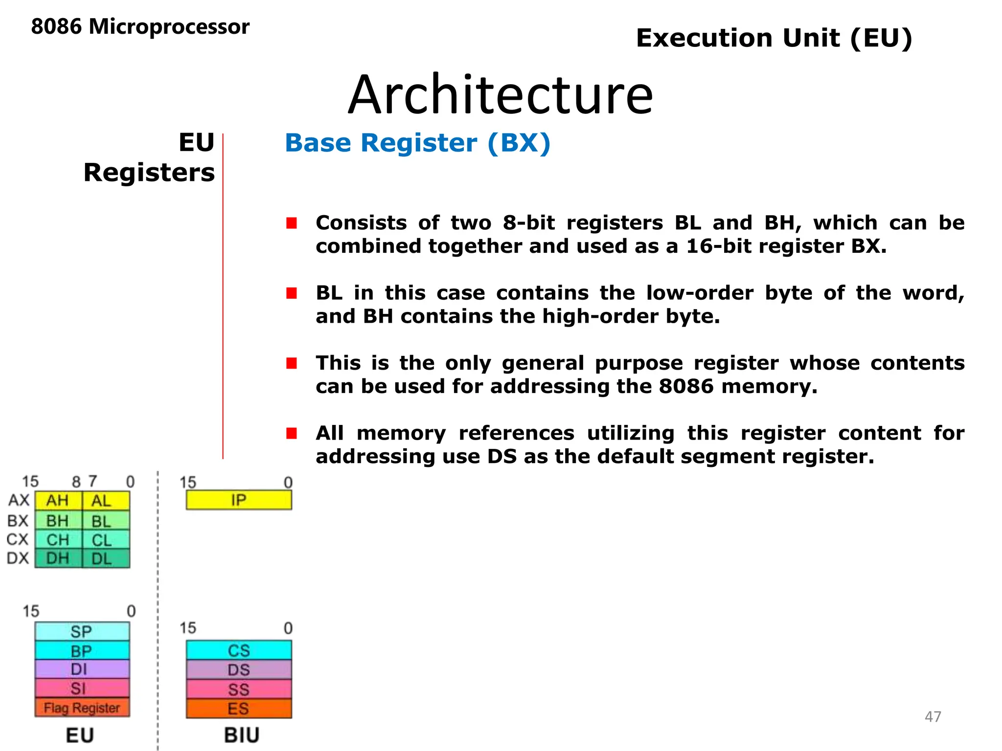 Architecture
8086 Microprocessor
47
EU
Registers
Base Register (BX)
Consists of two 8-bit registers BL and BH, which can be
combined together and used as a 16-bit register BX.
BL in this case contains the low-order byte of the word,
and BH contains the high-order byte.
This is the only general purpose register whose contents
can be used for addressing the 8086 memory.
All memory references utilizing this register content for
addressing use DS as the default segment register.
Execution Unit (EU)
 