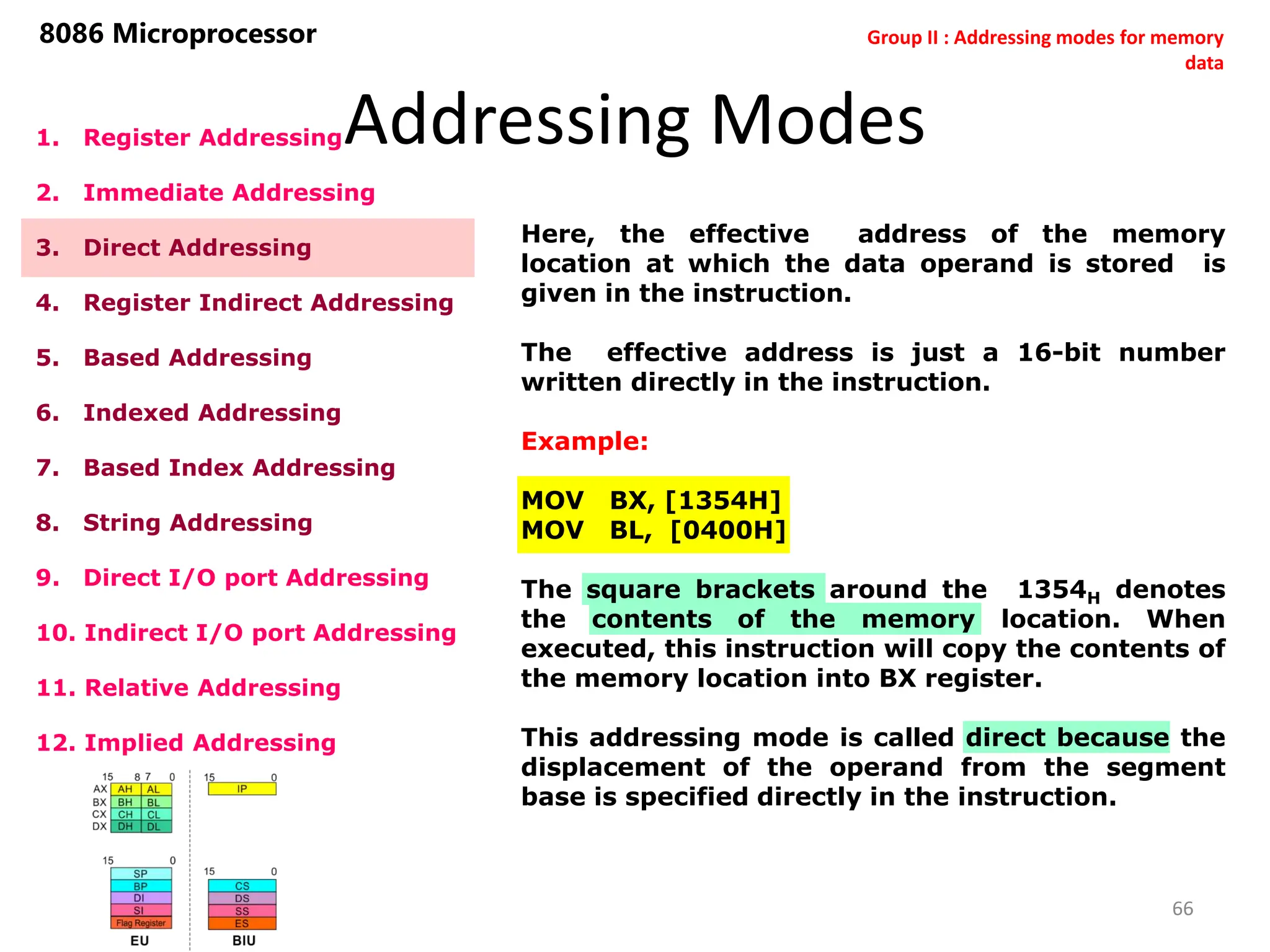 Addressing Modes
66
8086 Microprocessor
1. Register Addressing
2. Immediate Addressing
3. Direct Addressing
4. Register Indirect Addressing
5. Based Addressing
6. Indexed Addressing
7. Based Index Addressing
8. String Addressing
9. Direct I/O port Addressing
10. Indirect I/O port Addressing
11. Relative Addressing
12. Implied Addressing
Here, the effective address of the memory
location at which the data operand is stored is
given in the instruction.
The effective address is just a 16-bit number
written directly in the instruction.
Example:
MOV BX, [1354H]
MOV BL, [0400H]
The square brackets around the 1354H denotes
the contents of the memory location. When
executed, this instruction will copy the contents of
the memory location into BX register.
This addressing mode is called direct because the
displacement of the operand from the segment
base is specified directly in the instruction.
Group II : Addressing modes for memory
data
 