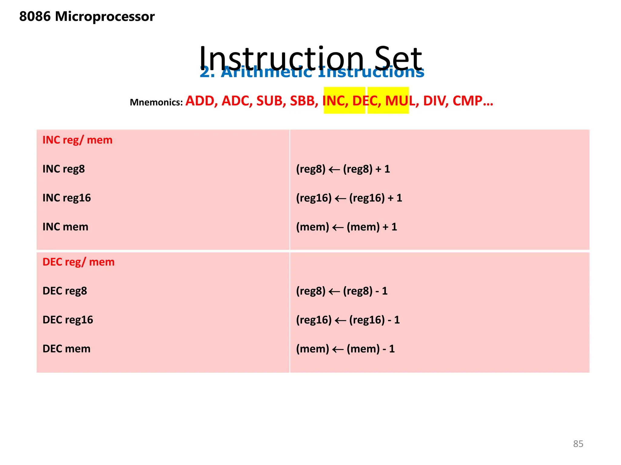2. Arithmetic Instructions
Instruction Set
85
8086 Microprocessor
Mnemonics: ADD, ADC, SUB, SBB, INC, DEC, MUL, DIV, CMP…
INC reg/ mem
INC reg8
INC reg16
INC mem
(reg8)  (reg8) + 1
(reg16)  (reg16) + 1
(mem)  (mem) + 1
DEC reg/ mem
DEC reg8
DEC reg16
DEC mem
(reg8)  (reg8) - 1
(reg16)  (reg16) - 1
(mem)  (mem) - 1
 