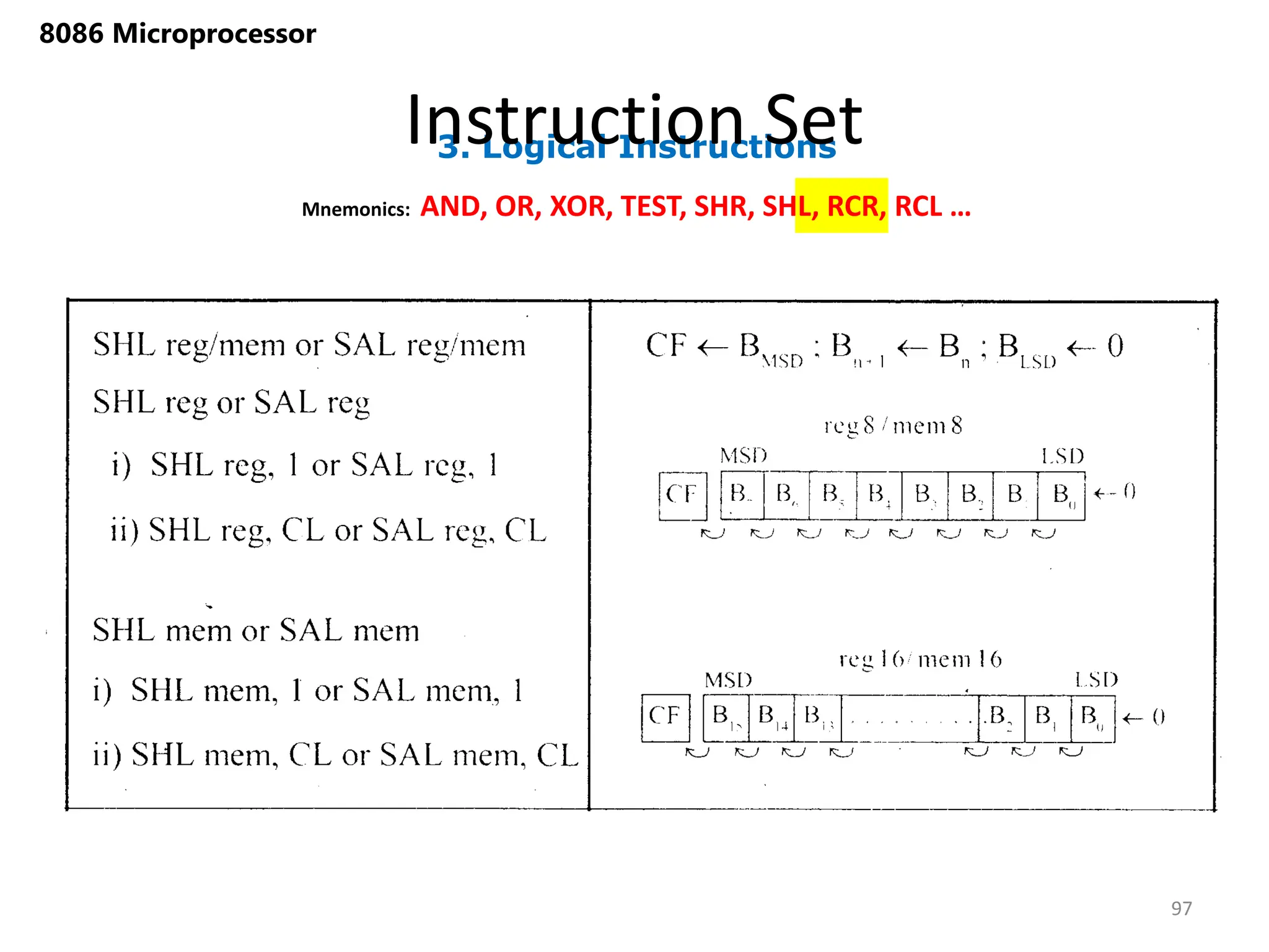 3. Logical Instructions
Instruction Set
97
8086 Microprocessor
Mnemonics: AND, OR, XOR, TEST, SHR, SHL, RCR, RCL …
 