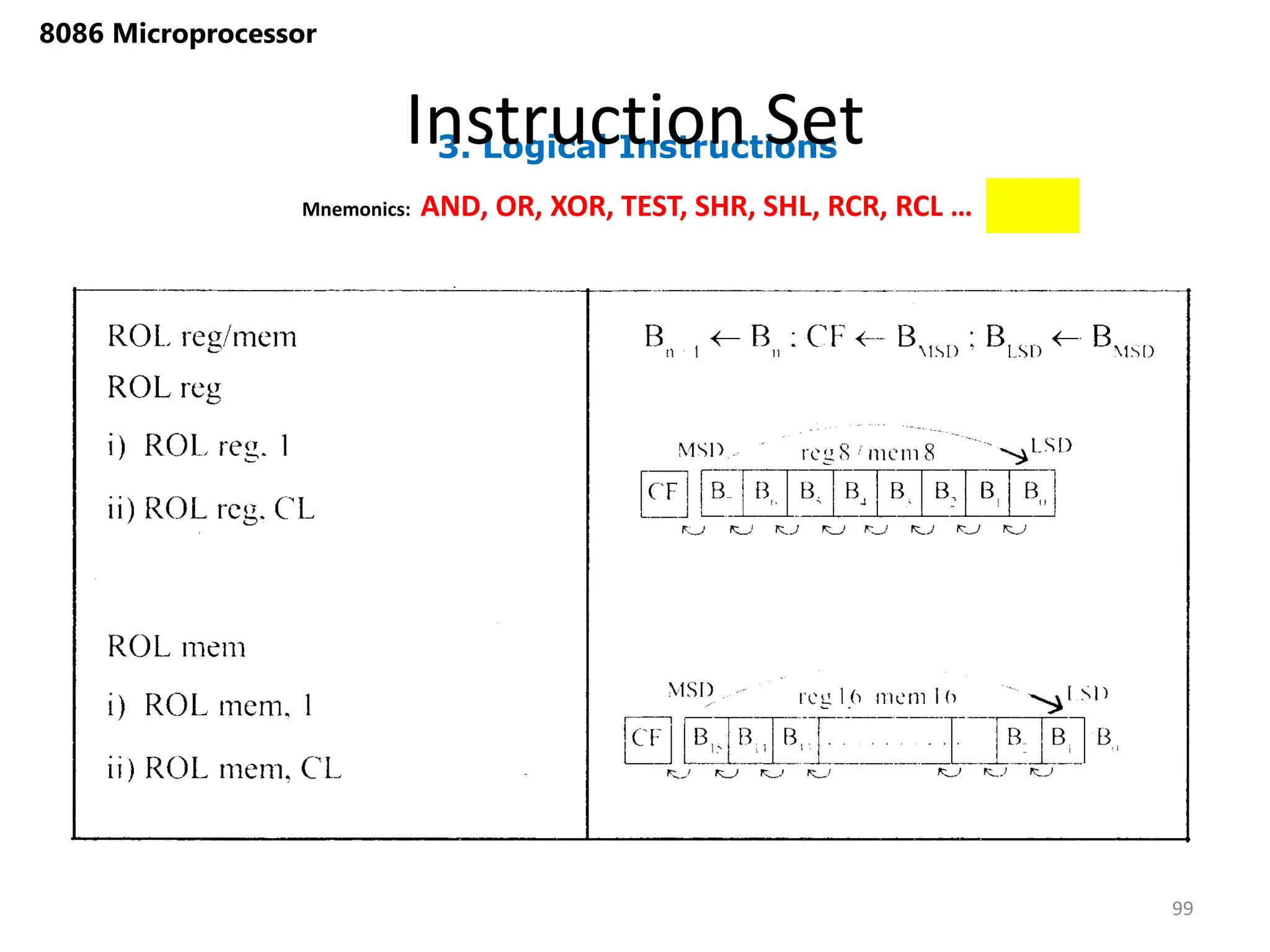 3. Logical Instructions
Instruction Set
99
8086 Microprocessor
Mnemonics: AND, OR, XOR, TEST, SHR, SHL, RCR, RCL …
 