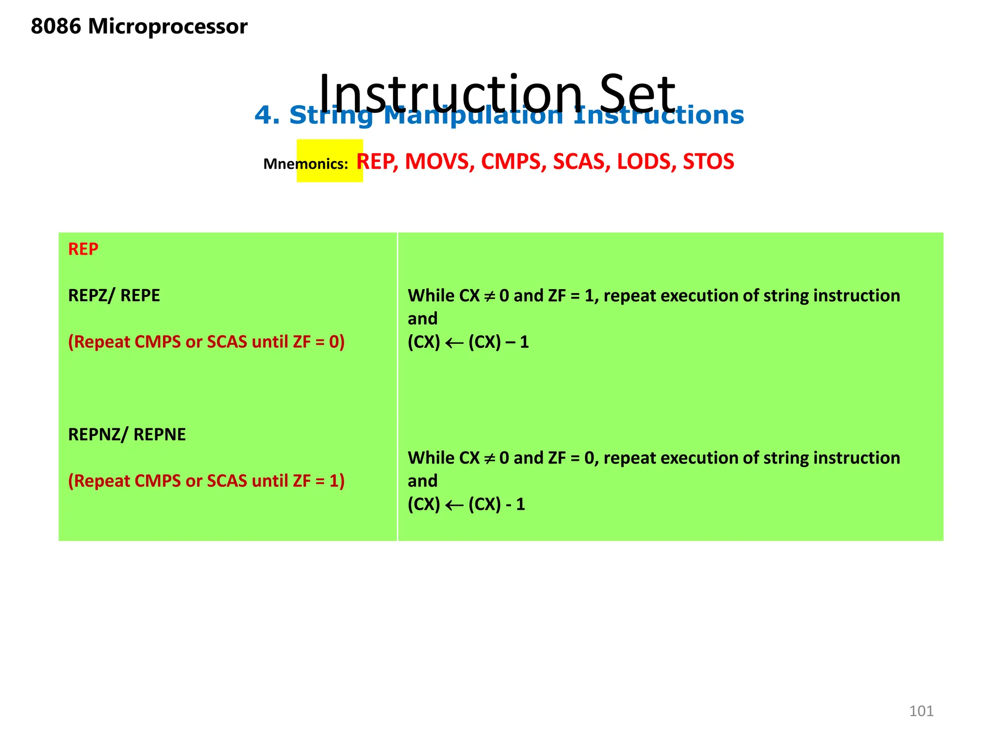 4. String Manipulation Instructions
Instruction Set
101
8086 Microprocessor
Mnemonics: REP, MOVS, CMPS, SCAS, LODS, STOS
REP
REPZ/ REPE
(Repeat CMPS or SCAS until ZF = 0)
REPNZ/ REPNE
(Repeat CMPS or SCAS until ZF = 1)
While CX  0 and ZF = 1, repeat execution of string instruction
and
(CX)  (CX) – 1
While CX  0 and ZF = 0, repeat execution of string instruction
and
(CX)  (CX) - 1
 