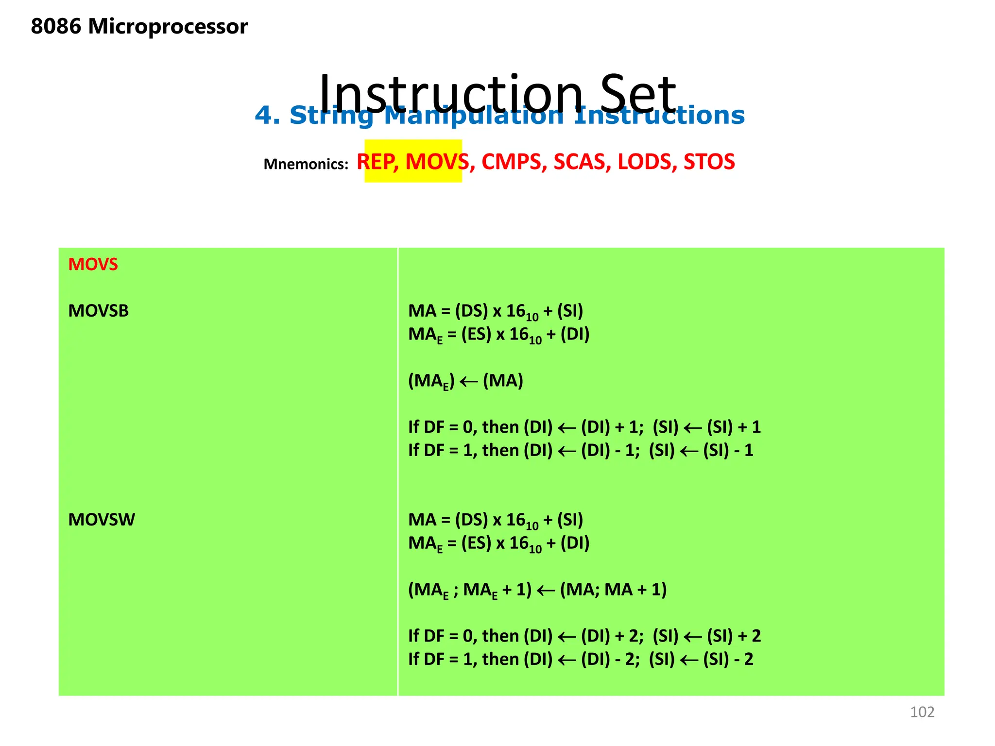 4. String Manipulation Instructions
Instruction Set
102
8086 Microprocessor
Mnemonics: REP, MOVS, CMPS, SCAS, LODS, STOS
MOVS
MOVSB
MOVSW
MA = (DS) x 1610 + (SI)
MAE = (ES) x 1610 + (DI)
(MAE)  (MA)
If DF = 0, then (DI)  (DI) + 1; (SI)  (SI) + 1
If DF = 1, then (DI)  (DI) - 1; (SI)  (SI) - 1
MA = (DS) x 1610 + (SI)
MAE = (ES) x 1610 + (DI)
(MAE ; MAE + 1)  (MA; MA + 1)
If DF = 0, then (DI)  (DI) + 2; (SI)  (SI) + 2
If DF = 1, then (DI)  (DI) - 2; (SI)  (SI) - 2
 