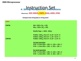 4. String Manipulation Instructions
Instruction Set
103
8086 Microprocessor
Mnemonics: REP, MOVS, CMPS, SCAS, LODS, STOS
CMPS
CMPSB
CMPSW
MA = (DS) x 1610 + (SI)
MAE = (ES) x 1610 + (DI)
Modify flags  (MA) - (MAE)
If (MA) > (MAE), then CF = 0; ZF = 0; SF = 0
If (MA) < (MAE), then CF = 1; ZF = 0; SF = 1
If (MA) = (MAE), then CF = 0; ZF = 1; SF = 0
For byte operation
If DF = 0, then (DI)  (DI) + 1; (SI)  (SI) + 1
If DF = 1, then (DI)  (DI) - 1; (SI)  (SI) - 1
For word operation
If DF = 0, then (DI)  (DI) + 2; (SI)  (SI) + 2
If DF = 1, then (DI)  (DI) - 2; (SI)  (SI) - 2
Compare two string byte or string word
 