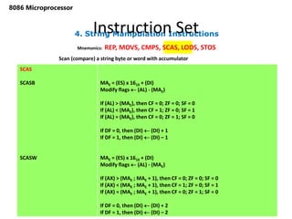 4. String Manipulation Instructions
Instruction Set
104
8086 Microprocessor
Mnemonics: REP, MOVS, CMPS, SCAS, LODS, STOS
SCAS
SCASB
SCASW
MAE = (ES) x 1610 + (DI)
Modify flags  (AL) - (MAE)
If (AL) > (MAE), then CF = 0; ZF = 0; SF = 0
If (AL) < (MAE), then CF = 1; ZF = 0; SF = 1
If (AL) = (MAE), then CF = 0; ZF = 1; SF = 0
If DF = 0, then (DI)  (DI) + 1
If DF = 1, then (DI)  (DI) – 1
MAE = (ES) x 1610 + (DI)
Modify flags  (AL) - (MAE)
If (AX) > (MAE ; MAE + 1), then CF = 0; ZF = 0; SF = 0
If (AX) < (MAE ; MAE + 1), then CF = 1; ZF = 0; SF = 1
If (AX) = (MAE ; MAE + 1), then CF = 0; ZF = 1; SF = 0
If DF = 0, then (DI)  (DI) + 2
If DF = 1, then (DI)  (DI) – 2
Scan (compare) a string byte or word with accumulator
 