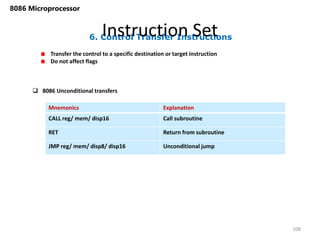 6. Control Transfer Instructions
Instruction Set
108
8086 Microprocessor
Transfer the control to a specific destination or target instruction
Do not affect flags
Mnemonics Explanation
CALL reg/ mem/ disp16 Call subroutine
RET Return from subroutine
JMP reg/ mem/ disp8/ disp16 Unconditional jump
 8086 Unconditional transfers
 