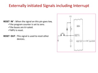 Externally initiated Signals including Interrupt
RESET IN’ : When the signal on this pin goes low,
the program counter is set to zero.
the buses are tri-sated.
MPU is reset.
RESET OUT : This signal is used to reset other
devices.
 