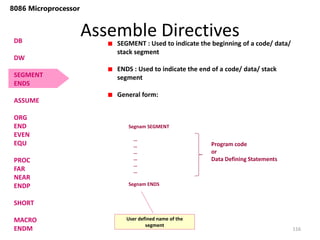 Assemble Directives
116
8086 Microprocessor
SEGMENT : Used to indicate the beginning of a code/ data/
stack segment
ENDS : Used to indicate the end of a code/ data/ stack
segment
General form:
Segnam SEGMENT
…
…
…
…
…
…
Segnam ENDS
Program code
or
Data Defining Statements
User defined name of the
segment
DB
DW
SEGMENT
ENDS
ASSUME
ORG
END
EVEN
EQU
PROC
FAR
NEAR
ENDP
SHORT
MACRO
ENDM
 