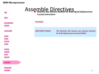 Assemble Directives
121
8086 Microprocessor
DB
DW
SEGMENT
ENDS
ASSUME
ORG
END
EVEN
EQU
PROC
ENDP
FAR
NEAR
SHORT
MACRO
ENDM
Reserves one memory location for 8-bit signed displacement
in jump instructions
JMP SHORT AHEAD The directive will reserve one memory location
for 8-bit displacement named AHEAD
Example:
 