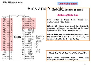 Pins and Signals
8086 Microprocessor
24
Common signals
AD0-AD15 (Bidirectional)
Address/Data bus
Low order address bus; these are
multiplexed with data.
When AD lines are used to transmit
memory address the symbol A is used
instead of AD, for example A0-A15.
When data are transmitted over AD lines
the symbol D is used in place of AD, for
example D0-D7, D8-D15 or D0-D15.
A16/S3, A17/S4, A18/S5, A19/S6
High order address bus. These are
multiplexed with status signals
 
