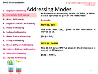 Addressing Modes
62
8086 Microprocessor
1. Register Addressing
2. Immediate Addressing
3. Direct Addressing
4. Register Indirect Addressing
5. Based Addressing
6. Indexed Addressing
7. Based Index Addressing
8. String Addressing
9. Direct I/O port Addressing
10. Indirect I/O port Addressing
11. Relative Addressing
12. Implied Addressing
In immediate addressing mode, an 8-bit or 16-bit
data is specified as part of the instruction
Example:
MOV DL, 08H
The 8-bit data (08H) given in the instruction is
moved to DL
(DL)  08H
MOV AX, 0A9FH
The 16-bit data (0A9FH) given in the instruction is
moved to AX register
(AX)  0A9FH
Group I : Addressing modes for register and
immediate data
 