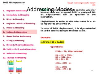 Addressing Modes
69
8086 Microprocessor
1. Register Addressing
2. Immediate Addressing
3. Direct Addressing
4. Register Indirect Addressing
5. Based Addressing
6. Indexed Addressing
7. Based Index Addressing
8. String Addressing
9. Direct I/O port Addressing
10. Indirect I/O port Addressing
11. Relative Addressing
12. Implied Addressing
SI or DI register is used to hold an index value for
memory data and a signed 8-bit or unsigned 16-
bit displacement will be specified in the
instruction.
Displacement is added to the index value in SI or
DI register to obtain the EA.
In case of 8-bit displacement, it is sign extended
to 16-bit before adding to the base value.
Example:
MOV CX, [SI + 0A2H]
Operations:
FFA2H  A2H (Sign extended)
EA = (SI) + FFA2H
BA = (DS) x 1610
MA = BA + EA
(CX)  (MA) or,
(CL)  (MA)
(CH)  (MA + 1)
Group II : Addressing modes for memory
data
 