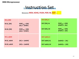 1. Data Transfer Instructions
Instruction Set
80
8086 Microprocessor
Mnemonics: MOV, XCHG, PUSH, POP, IN, OUT …
IN A, [DX]
IN AL, [DX]
IN AX, [DX]
PORTaddr = (DX)
(AL)  (PORT)
PORTaddr = (DX)
(AX)  (PORT)
IN A, addr8
IN AL, addr8
IN AX, addr8
(AL)  (addr8)
(AX)  (addr8)
OUT [DX], A
OUT [DX], AL
OUT [DX], AX
PORTaddr = (DX)
(PORT)  (AL)
PORTaddr = (DX)
(PORT)  (AX)
OUT addr8, A
OUT addr8, AL
OUT addr8, AX
(addr8)  (AL)
(addr8)  (AX)
 