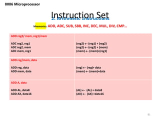2. Arithmetic Instructions
Instruction Set
81
8086 Microprocessor
Mnemonics: ADD, ADC, SUB, SBB, INC, DEC, MUL, DIV, CMP…
ADD reg2/ mem, reg1/mem
ADC reg2, reg1
ADC reg2, mem
ADC mem, reg1
(reg2)  (reg1) + (reg2)
(reg2)  (reg2) + (mem)
(mem)  (mem)+(reg1)
ADD reg/mem, data
ADD reg, data
ADD mem, data
(reg)  (reg)+ data
(mem)  (mem)+data
ADD A, data
ADD AL, data8
ADD AX, data16
(AL)  (AL) + data8
(AX)  (AX) +data16
 