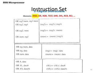 3. Logical Instructions
Instruction Set
93
8086 Microprocessor
Mnemonics: AND, OR, XOR, TEST, SHR, SHL, RCR, RCL …
 