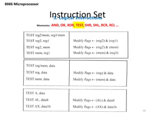 3. Logical Instructions
Instruction Set
95
8086 Microprocessor
Mnemonics: AND, OR, XOR, TEST, SHR, SHL, RCR, RCL …
 