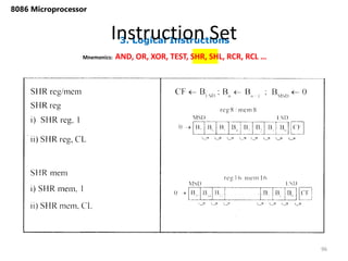 3. Logical Instructions
Instruction Set
96
8086 Microprocessor
Mnemonics: AND, OR, XOR, TEST, SHR, SHL, RCR, RCL …
 