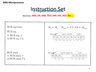 3. Logical Instructions
Instruction Set
98
8086 Microprocessor
Mnemonics: AND, OR, XOR, TEST, SHR, SHL, RCR, RCL …
 