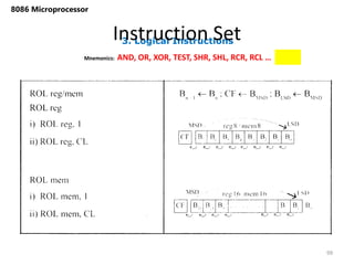 3. Logical Instructions
Instruction Set
99
8086 Microprocessor
Mnemonics: AND, OR, XOR, TEST, SHR, SHL, RCR, RCL …
 