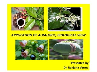 Dr. Ranjana Verma
APPLICATION OF ALKALOIDS; BIOLOGICAL VIEW
Presented by
Dr. Ranjana Verma
 