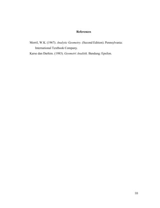 References

Morril, W.K. (1967). Analytic Geometry. (Second Edition). Pennsylvania:
International Textbook Company.
Karso dan Darhim. (1983). Geometri Analitik. Bandung: Epsilon.

10

 