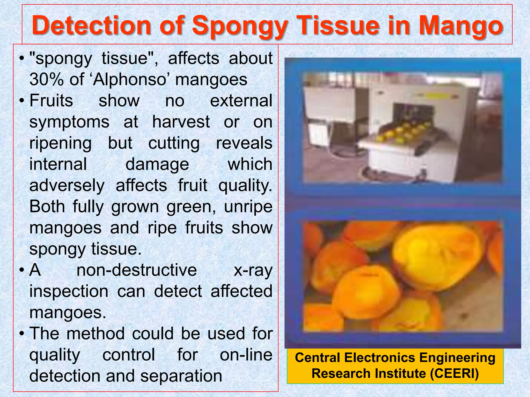 Detection of Spongy Tissue in Mango
• "spongy tissue", affects about
30% of ‘Alphonso’ mangoes
• Fruits show no external
symptoms at harvest or on
ripening but cutting reveals
internal damage which
adversely affects fruit quality.
Both fully grown green, unripe
mangoes and ripe fruits show
spongy tissue.
• A non-destructive x-ray
inspection can detect affected
mangoes.
• The method could be used for
quality control for on-line
detection and separation
Central Electronics Engineering
Research Institute (CEERI)
 
