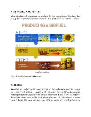 10
3. BIO-DIESEL PRODUCTION
Many standardized procedures are available for the production of bio-diesel fuel
oil [3]. The commonly used methods for bio-fuel production are elaborated below.
Fig 3. 1 Production steps of Biofuels
3.1 Blending
Vegetable oil can be directly mixed with diesel fuel and may be used for running
an engine. The blending of vegetable oil with diesel fuel in different proportion
were experimented successfully by various researchers. Blend of20% oil and 80%
diesel have shown same results as diesel and also properties of the blend is almost
close to diesel. The blend with more than 40% has shown appreciable reduction in
 