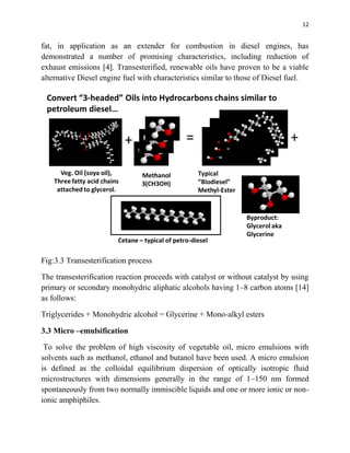 12
fat, in application as an extender for combustion in diesel engines, has
demonstrated a number of promising characteristics, including reduction of
exhaust emissions [4]. Transesterified, renewable oils have proven to be a viable
alternative Diesel engine fuel with characteristics similar to those of Diesel fuel.
Fig:3.3 Transesterification process
The transesterification reaction proceeds with catalyst or without catalyst by using
primary or secondary monohydric aliphatic alcohols having 1–8 carbon atoms [14]
as follows:
Triglycerides + Monohydric alcohol = Glycerine + Mono-alkyl esters
3.3 Micro –emulsification
To solve the problem of high viscosity of vegetable oil, micro emulsions with
solvents such as methanol, ethanol and butanol have been used. A micro emulsion
is defined as the colloidal equilibrium dispersion of optically isotropic fluid
microstructures with dimensions generally in the range of 1–150 nm formed
spontaneously from two normally immiscible liquids and one or more ionic or non-
ionic amphiphiles.
 