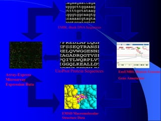 EMBL-Bank DNA Sequences
UniProt Protein Sequences
EMSD Macromolecular
Structure Data
Array-Express
Microarray
Expression Data
EnsEMBL Human Genome
Gene Annotation
 