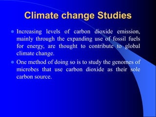 Climate change Studies
 Increasing levels of carbon dioxide emission,
mainly through the expanding use of fossil fuels
for energy, are thought to contribute to global
climate change.
 One method of doing so is to study the genomes of
microbes that use carbon dioxide as their sole
carbon source.
 