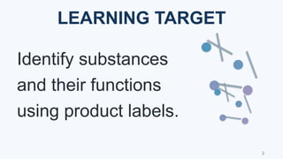 LEARNING TARGET
Identify substances
and their functions
using product labels.
2
 