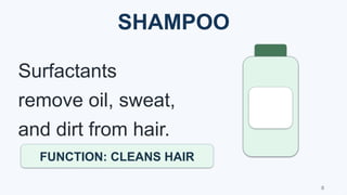 SHAMPOO
SHAMP
OO
Surfactants
remove oil, sweat,
and dirt from hair.
FUNCTION: CLEANS HAIR
8
 