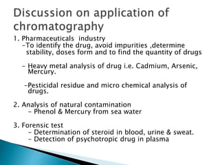 1. Pharmaceuticals industry
-To identify the drug, avoid impurities ,determine
stability, doses form and to find the quantity of drugs
- Heavy metal analysis of drug i.e. Cadmium, Arsenic,
Mercury.
-Pesticidal residue and micro chemical analysis of
drugs.
2. Analysis of natural contamination
- Phenol & Mercury from sea water
3. Forensic test
- Determination of steroid in blood, urine & sweat.
- Detection of psychotropic drug in plasma
 