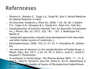  Sharma A., Shanker C., Tyagi L.K., Singh M., Rao V. Herbal Medicine
for Market Potential in India:
 An Overview. Academic J. Plant Sci. 2008; 1 (2): 26-36. 2 Kadam
P.V., Yadav K.N., Shivatare R.S., Pande A.S., Patel A.N., Patil M.J.
 Standardization of Gomutra Haritaki Vati: An Ayurvedic Formulation.
Int. J. Pharm. Bio. Sci. 2012; 3(3): 181 – 187. 3. Mukharjee P.K.,
Wahile A.
 Integrated approaches towards drug development from Ayurveda
and other Indian system of medicines. J.
 Ethanopharmacol. 2006; 103 (1): 25-35. 4. Choudhary N., Sekhon
B.S.
 An overview of advances in the standardization of herbal drugs. J.
Pharm. Educ. Res. 2011; 2 (2): 55-70. 5. Amit J., Sunil C., Vimal K.,
Anupam P. Phytosomes:
 A revolution in herbal drugs. The Pharma Review 2007; 11- 13. 6.
Jena A., Saha D., Biswal B., Jana S.B., Koley A., Sur D., Battacharya A.
 Pharmacognostic Studies of leaves of Pterospermum Suberifolium.
Int. J.
 