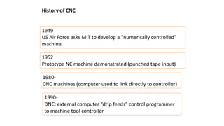 History of CNC
1949
US Air Force asks MIT to develop a "numerically controlled"
machine.
1952
Prototype NC machine demonstrated (punched tape input)
1980-
CNC machines (computer used to link directly to controller)
1990-
DNC: external computer “drip feeds” control programmer
to machine tool controller
 