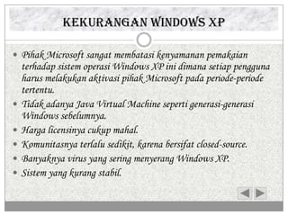 Kekurangan Windows XP

 Pihak Microsoft sangat membatasi kenyamanan pemakaian
    terhadap sistem operasi Windows XP ini dimana setiap pengguna
    harus melakukan aktivasi pihak Microsoft pada periode-periode
    tertentu.
   Tidak adanya Java Virtual Machine seperti generasi-generasi
    Windows sebelumnya.
   Harga licensinya cukup mahal.
   Komunitasnya terlalu sedikit, karena bersifat closed-source.
   Banyaknya virus yang sering menyerang Windows XP.
   Sistem yang kurang stabil.
 