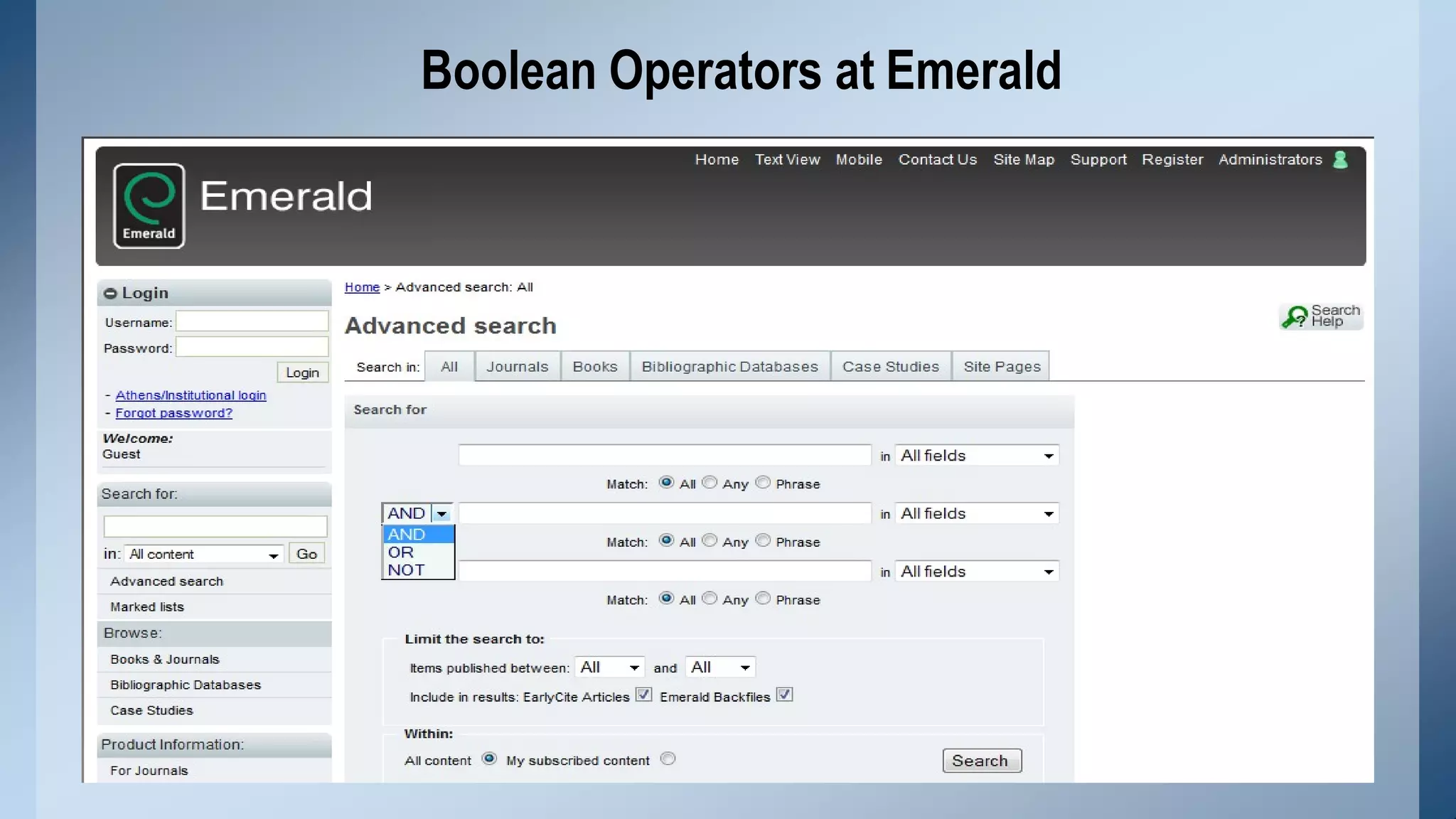 Boolean Operators at Emerald
 