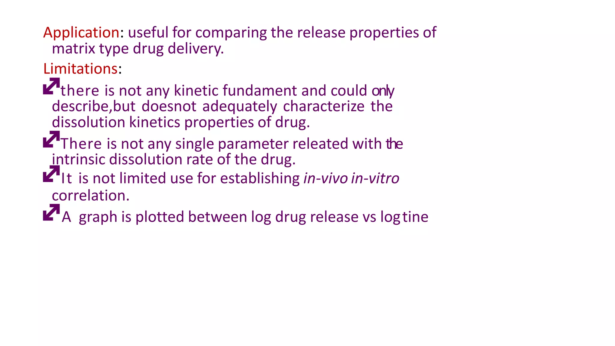 Application: useful for comparing the release properties of
matrix type drug delivery.
Limitations:
there is not any kinetic fundament and could only
describe,but doesnot adequately characterize the
dissolution kinetics properties of drug.
There is not any single parameter releated with the
intrinsic dissolution rate of the drug.
It is not limited use for establishing in-vivo in-vitro
correlation.
A graph is plotted between log drug release vs logtine
 