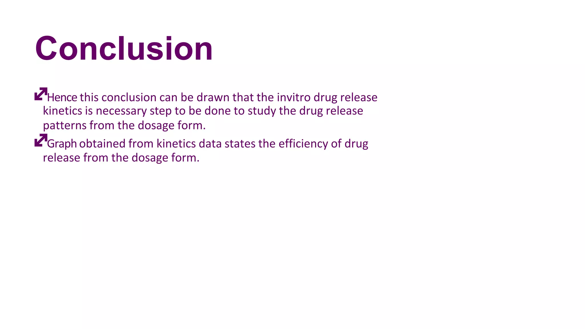 Conclusion
Hence this conclusion can be drawn that the invitro drug release
kinetics is necessary step to be done to study the drug release
patterns from the dosage form.
Graphobtained from kinetics data states the efficiency of drug
release from the dosage form.
 