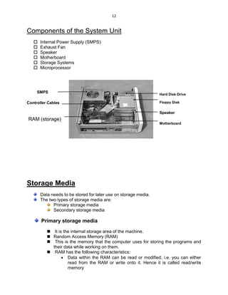 12
Components of the System Unit
 Internal Power Supply (SMPS)
 Exhaust Fan
 Speaker
 Motherboard
 Storage Systems
 Microprocessor
Storage Media
Data needs to be stored for later use on storage media.
The two types of storage media are:
Primary storage media
Secondary storage media
Primary storage media
 It is the internal storage area of the machine.
 Random Access Memory (RAM)
 This is the memory that the computer uses for storing the programs and
their data while working on them.
 RAM has the following characteristics:
 Data within the RAM can be read or modified, i.e. you can either
read from the RAM or write onto it. Hence it is called read/write
memory
SMPS
Controller Cables
RAM (storage)
Floppy Disk
Drive
Speaker
Motherboard
Hard Disk Drive
 