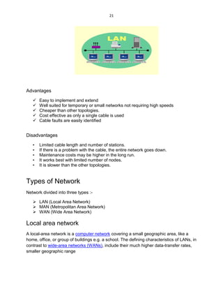 21
Advantages
 Easy to implement and extend
 Well suited for temporary or small networks not requiring high speeds
 Cheaper than other topologies.
 Cost effective as only a single cable is used
 Cable faults are easily identified
Disadvantages
• Limited cable length and number of stations.
• If there is a problem with the cable, the entire network goes down.
• Maintenance costs may be higher in the long run.
• It works best with limited number of nodes.
• It is slower than the other topologies.
Types of Network
Network divided into three types :-
 LAN (Local Area Network)
 MAN (Metropolitan Area Network)
 WAN (Wide Area Network)
Local area network
A local-area network is a computer network covering a small geographic area, like a
home, office, or group of buildings e.g. a school. The defining characteristics of LANs, in
contrast to wide-area networks (WANs), include their much higher data-transfer rates,
smaller geographic range
 